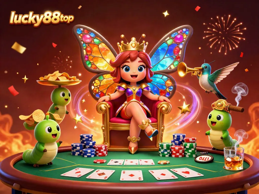Engage in the thrilling world of lucky88top with a butterfly queen and her casino buddies amidst poker action.