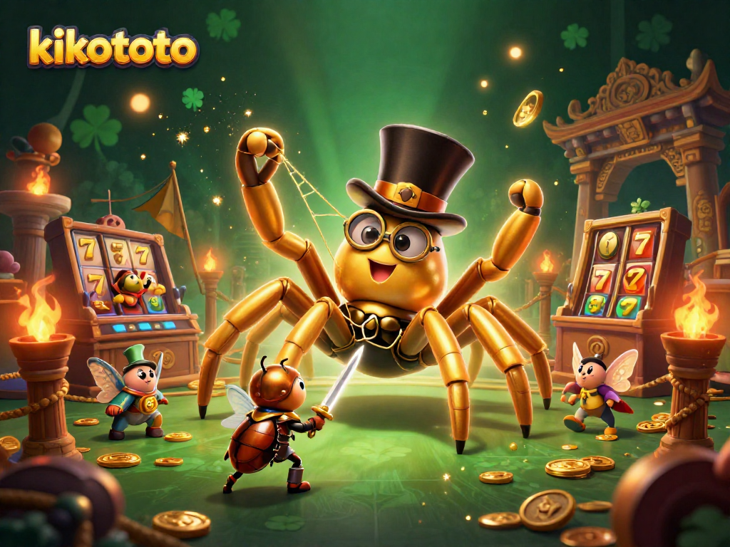 Kikototo menampilkan ilustrasi kasino 3D dengan tarantula emas, kesatria kepik, dan elemen slot yang mengesankan.