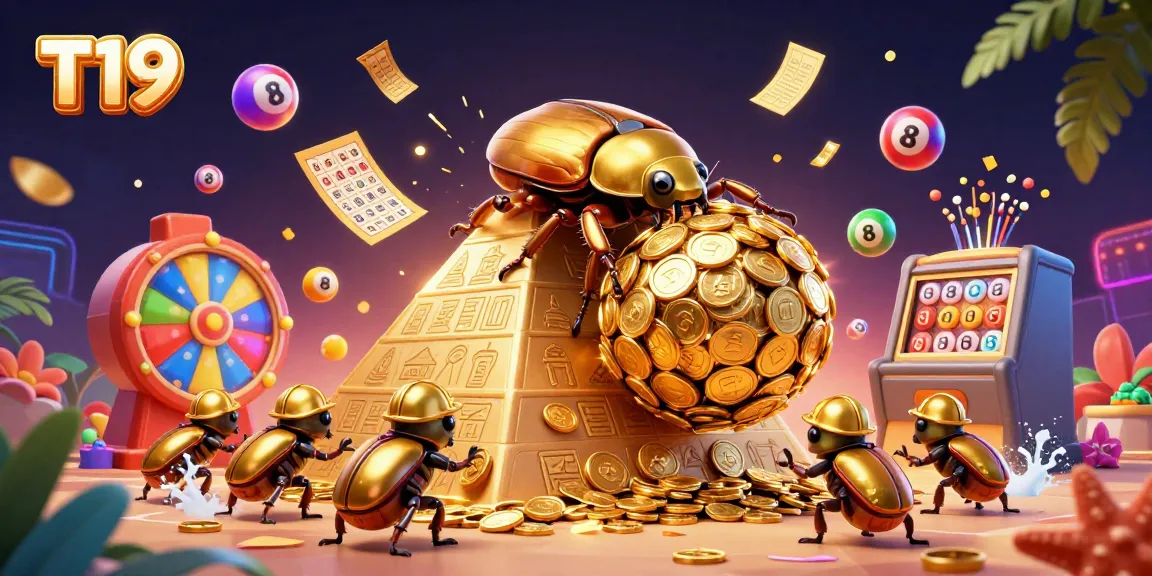 T19 captures an exciting scene of a golden beetle and colorful lottery elements in a vivid casino setting.