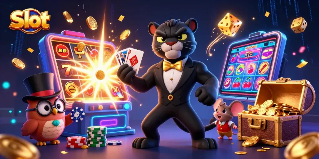 Spin the reels and experience fun with Slots, featuring a tuxedo-wearing panther and charming owl.