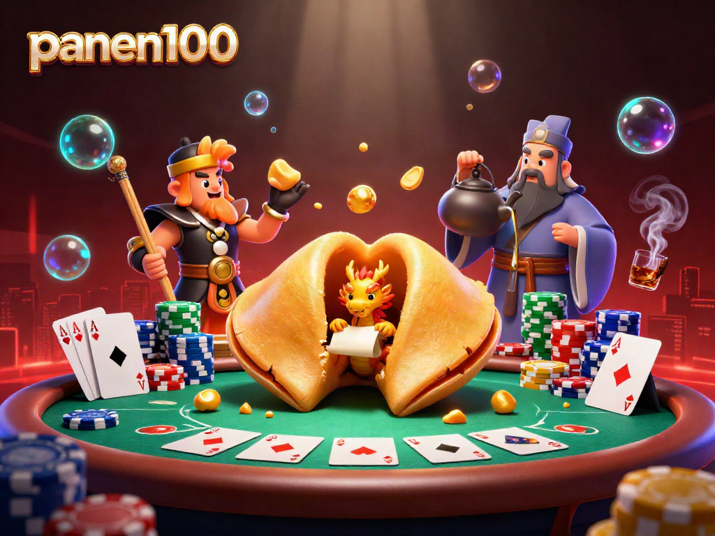 Engage with panen100 at a vibrant online poker game featuring a fortune cookie and dragon.