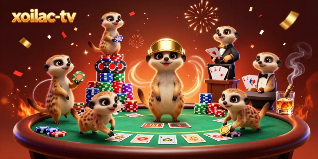 Experience thrilling action at xoilac-tv with playful meerkats managing a vibrant casino scene.