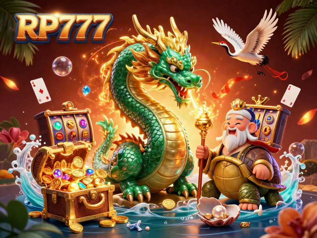 Experience excitement with RP777, featuring vibrant casino symbols and a mystical dragon in a dramatic scene.