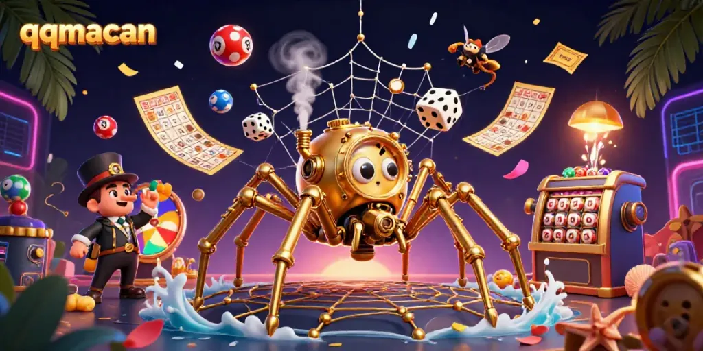 Transform your luck with qqmacan's steampunk spider webbing golden chains and vibrant lottery elements.