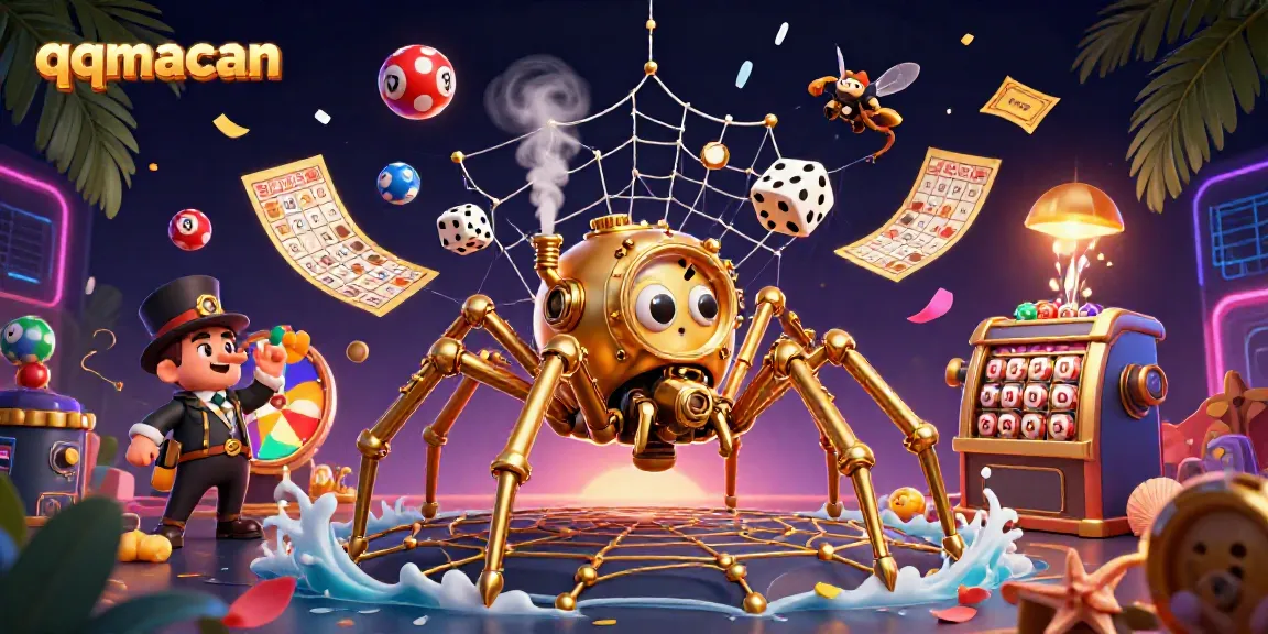 Transform your luck with qqmacan's steampunk spider webbing golden chains and vibrant lottery elements.