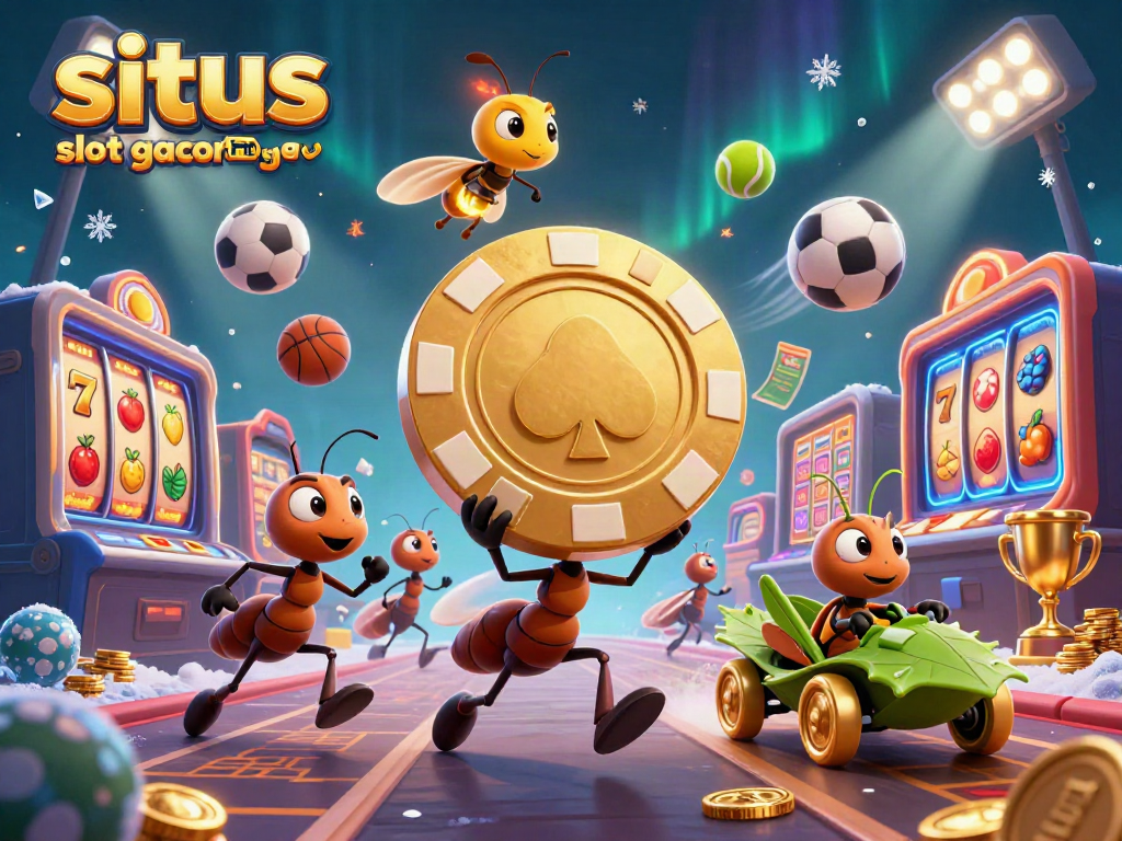 Join the excitement of situs slot gacor terpercaya with 3D cartoon ants heisting a golden poker chip in a vibrant casino scene.