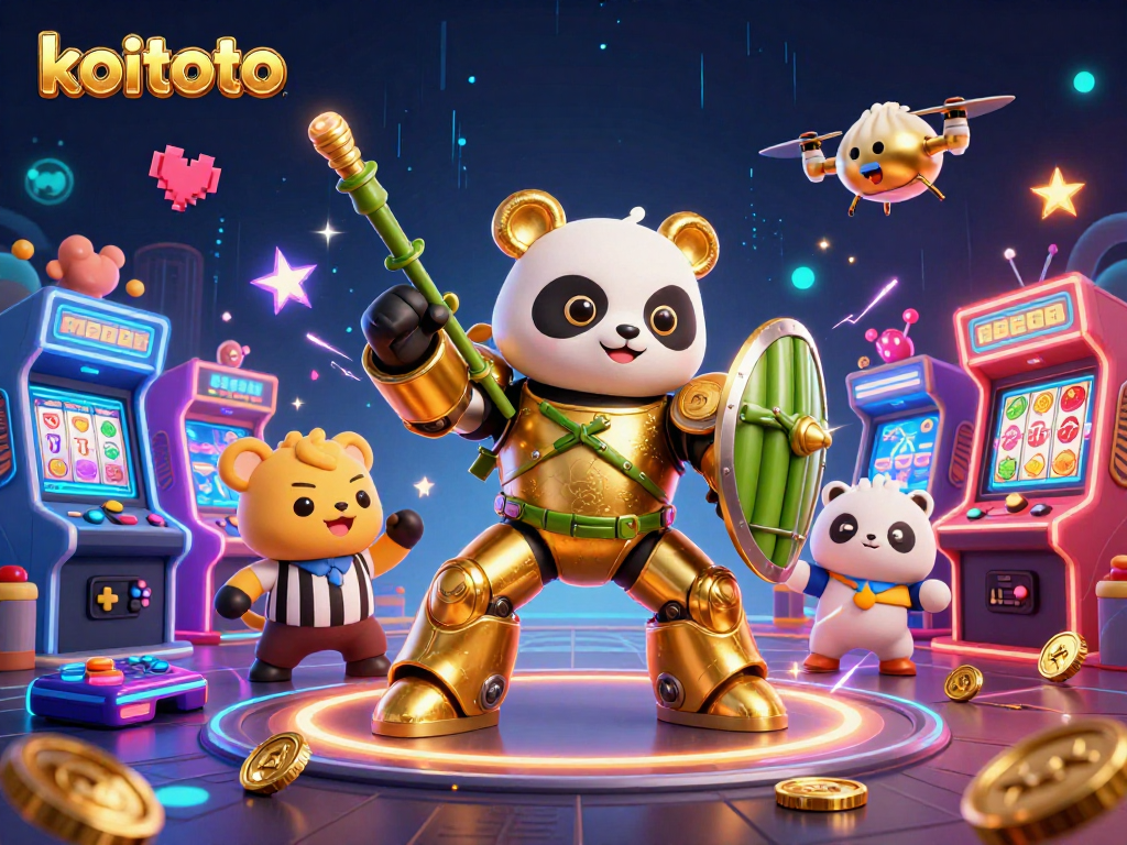 Koin emas berhamburan di KOITOTO, saat panda mekanik bertarung dalam robot bertema kasino.