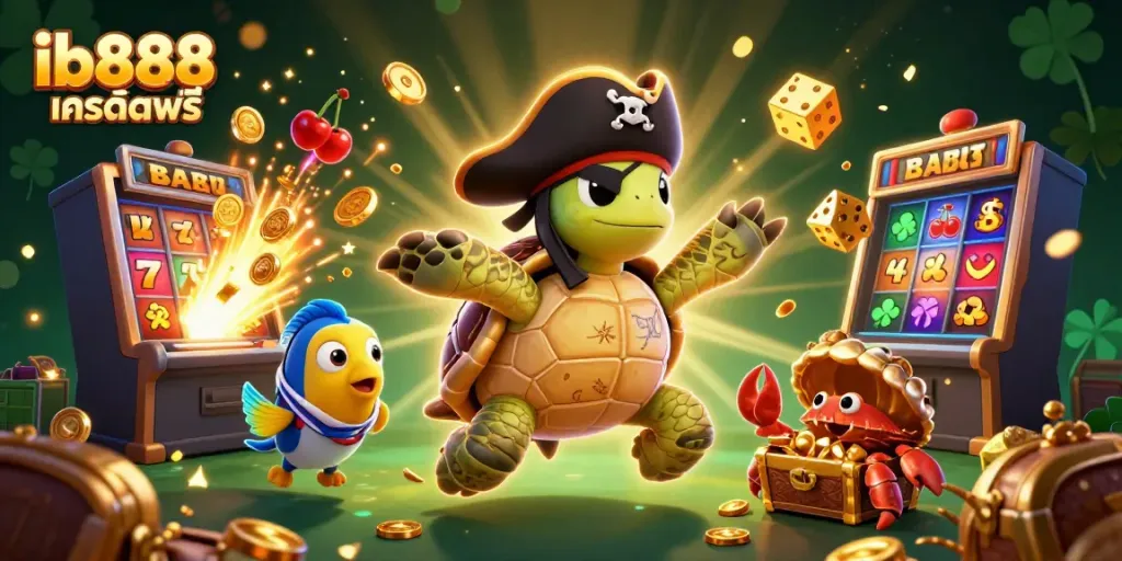 การเข้าสู่ระบบของ ib888 เครดิตฟรี พร้อมกับภาพ 3D สุดน่ารักที่มีเต่าข pirate, ปูเงา, และปลานกแก้ว