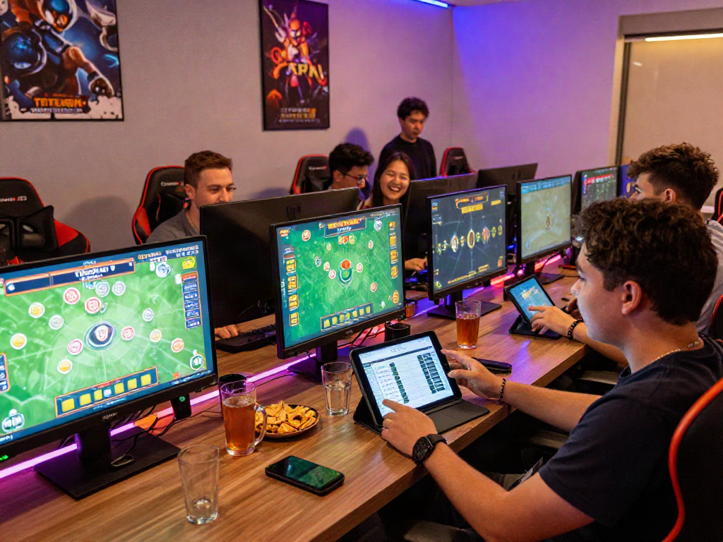Engaging scene of friends playing togel online in a vibrant gaming lounge.