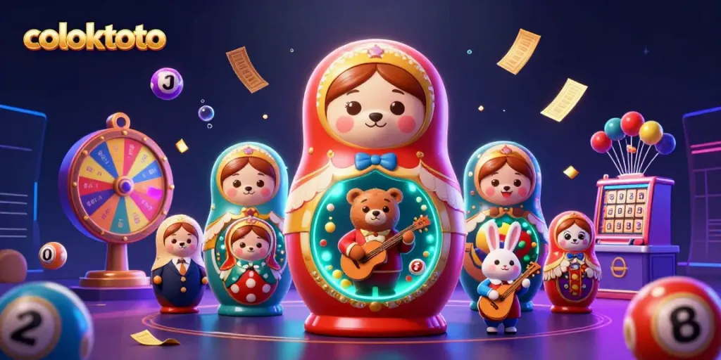 Experience vibrant gaming action at coloktoto with lively bears, lottery balls, and dazzling casino elements.