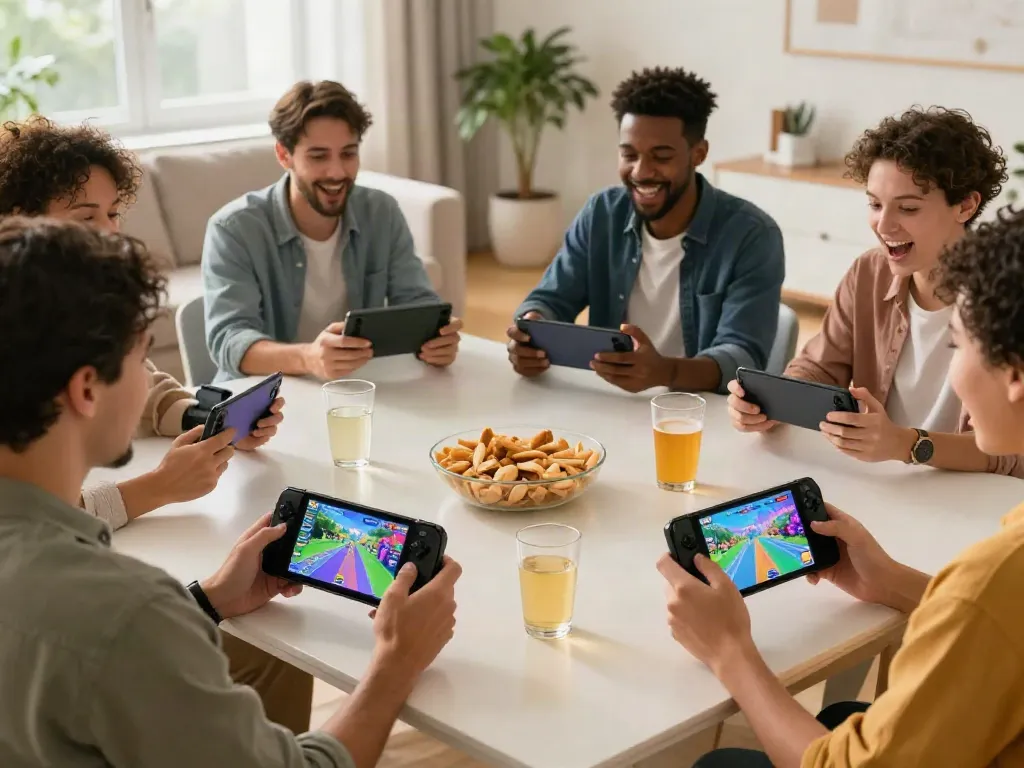 Adults enjoying Yono Games on smartphones in a lively living room.