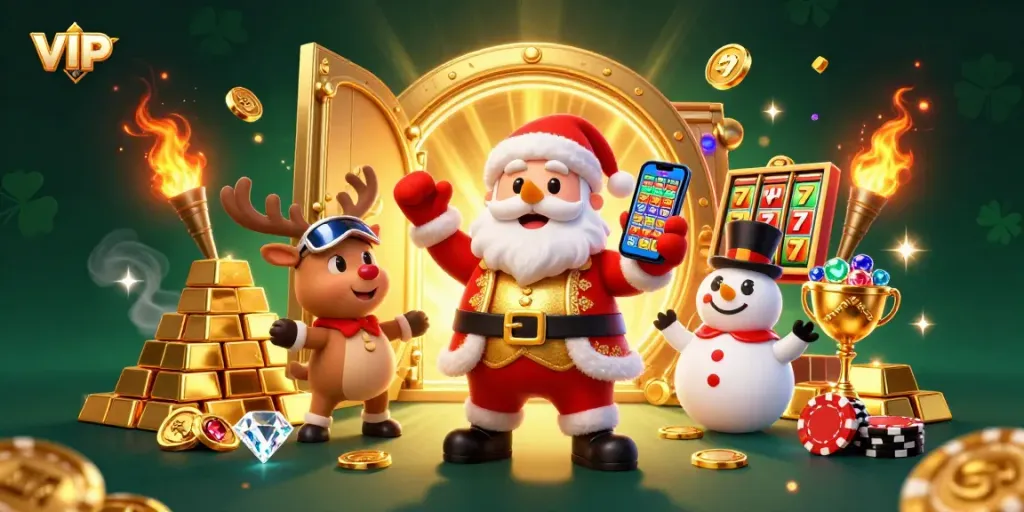 Engage in exhilarating jackpot action with VIPWIN amidst festive 3D casino characters.